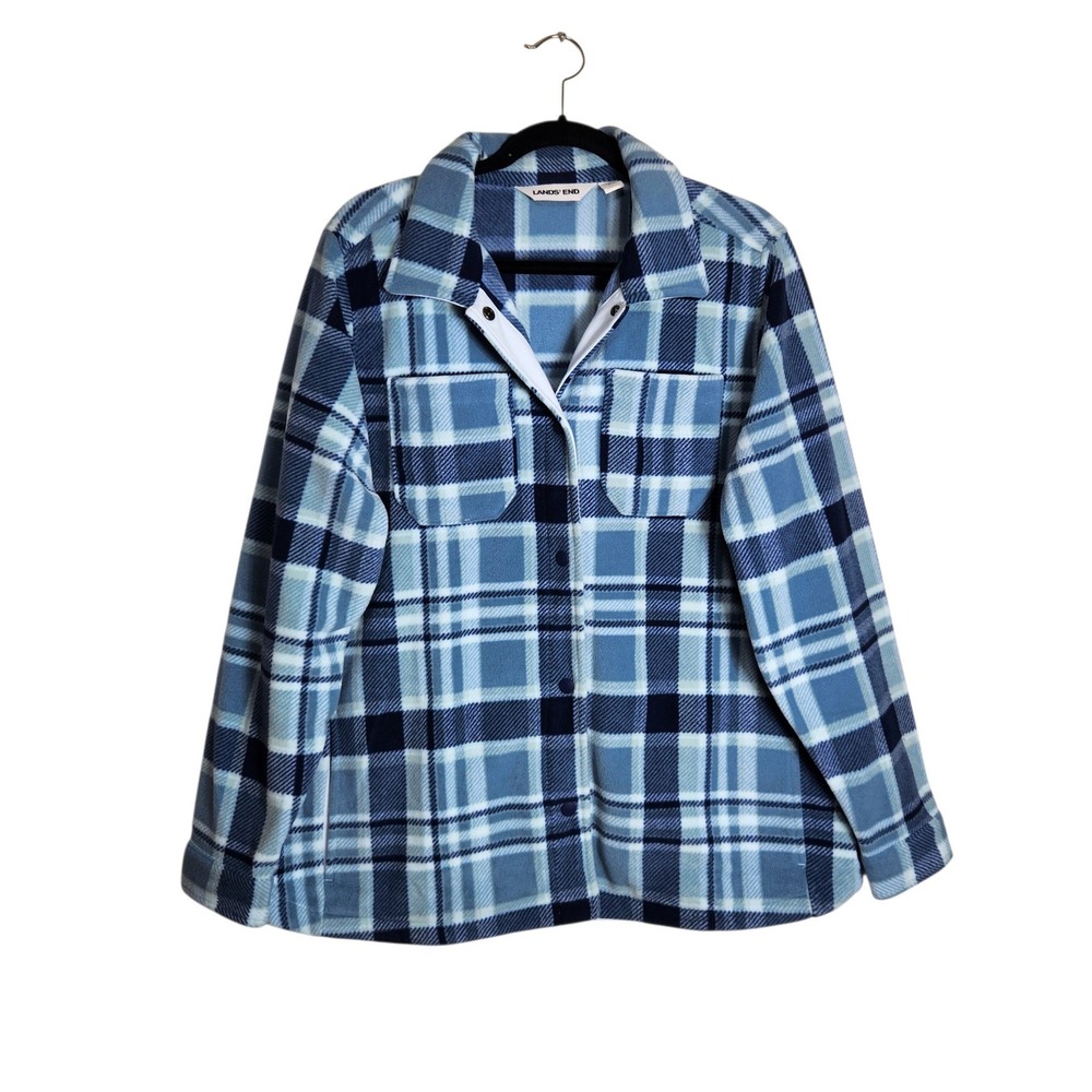 Lands End Womens Blue Plaid Fleece Snap Front Shirt Jacket Large 14-16